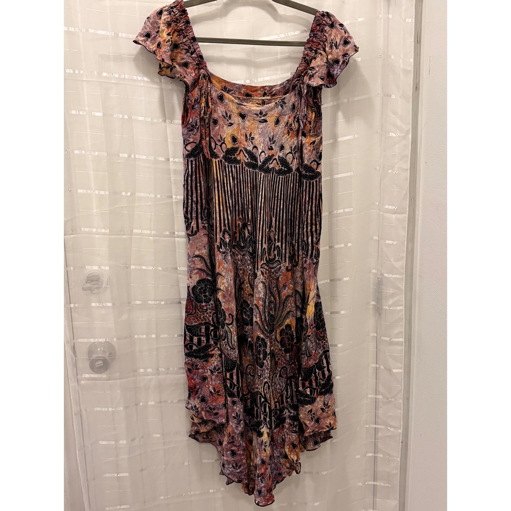 Boho Batik Floral High Low Midi Dress Smocked Cap Sleeve Purple Orange Black